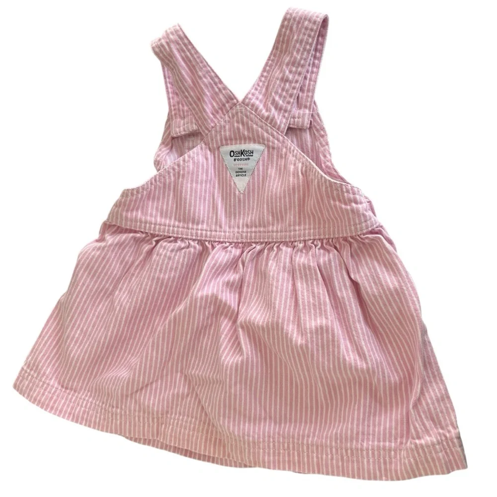 VTG Oshkosh Bgosh Baby Pink White Child Conductor Stripe Overall Dress Size 18M